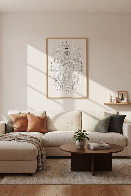 Libra Zodiac Goddess Wall Art | Celestial Line Art Print | Minimalist Astrology Poster