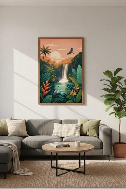 Tropical Waterfall Landscape Print | Jungle Sunset Decor, Colorful Nature Wall Art