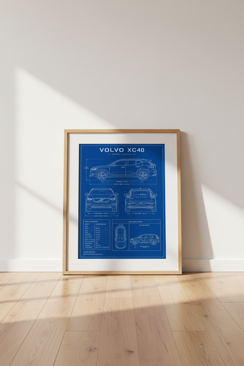 Volvo XC40 Car Blueprint Wall Art | Blue Technical Poster, Garage Decor