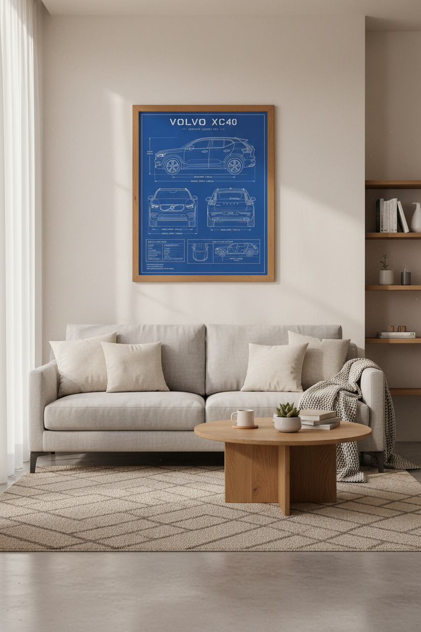 Volvo XC40 Car Blueprint Wall Art | Blue Technical Poster, Garage Decor