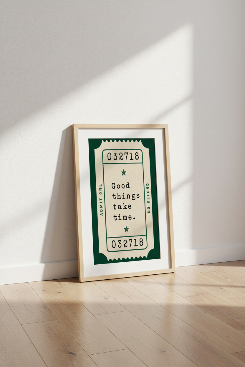 Retro Ticket Wall Art | Vintage Aesthetic Poster, Motivational Green Room Decor