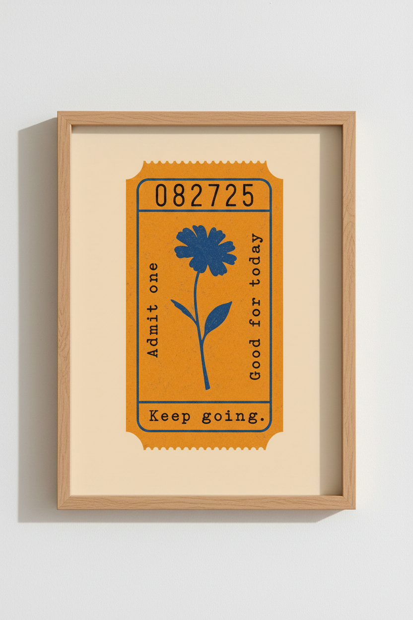 Retro Ticket Art Print | Motivational Flower Poster, Vintage Orange &amp; Blue Dorm Decor