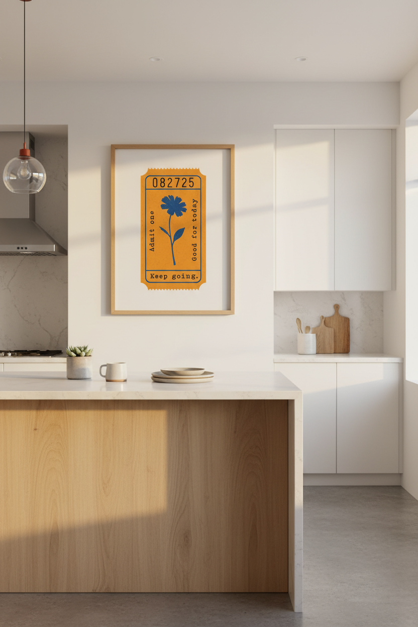 Retro Ticket Art Print | Motivational Flower Poster, Vintage Orange &amp; Blue Dorm Decor