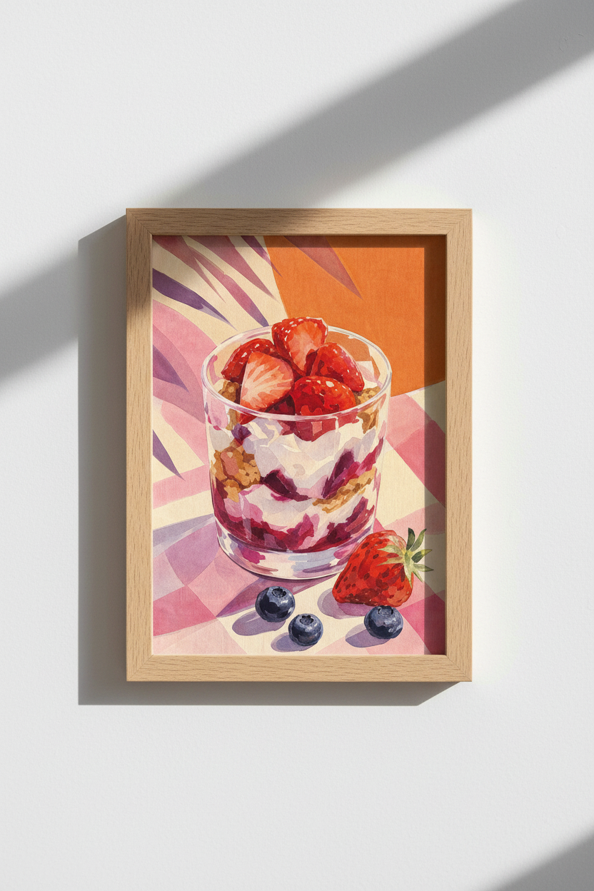 Fruit Parfait Wall Art Print | Kitchen Food Decor | Strawberry Watercolor Poster