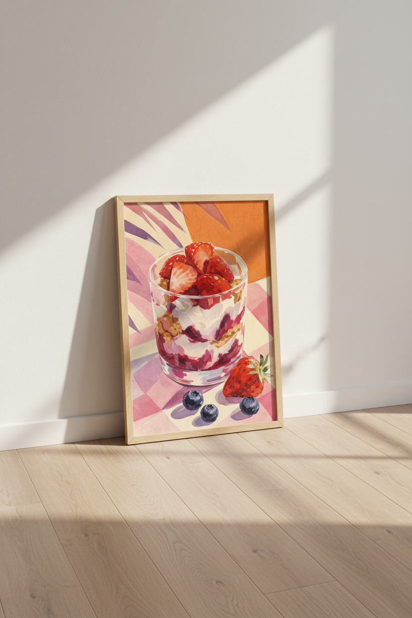 Fruit Parfait Wall Art Print | Kitchen Food Decor | Strawberry Watercolor Poster