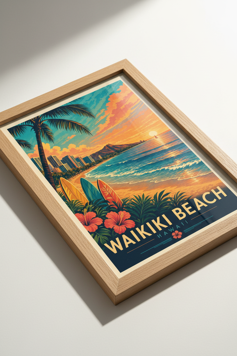 Waikiki Beach Hawaii Poster | Retro Tropical Sunset Art, Coastal Wall Decor