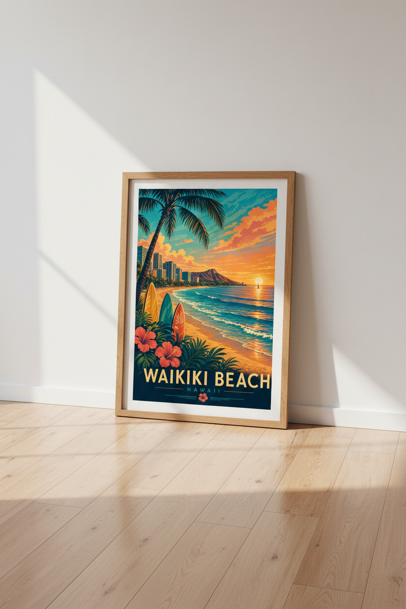 Waikiki Beach Hawaii Poster | Retro Tropical Sunset Art, Coastal Wall Decor