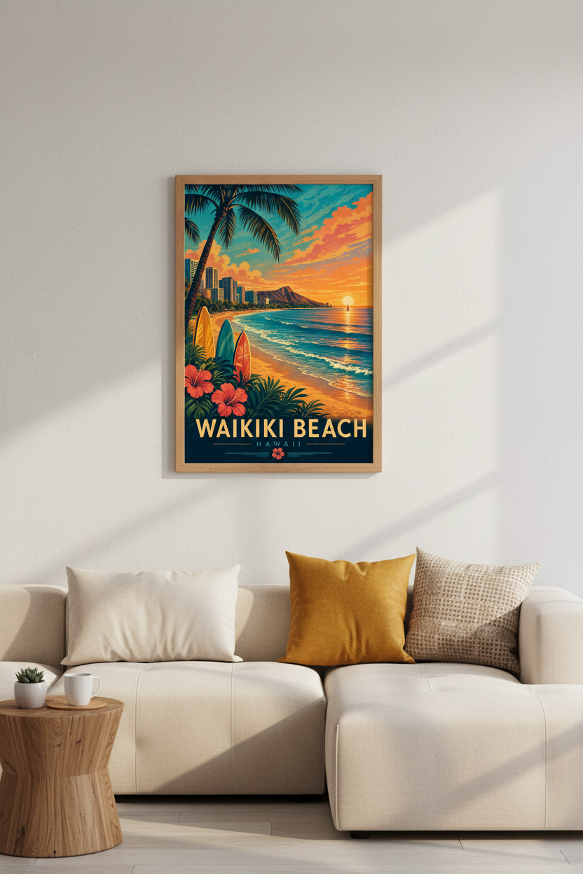 Waikiki Beach Hawaii Poster | Retro Tropical Sunset Art, Coastal Wall Decor