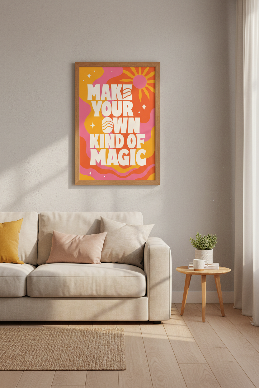 Make Your Own Kind of Magic Wall Art | Retro Pink Orange Poster | Groovy Dorm Decor