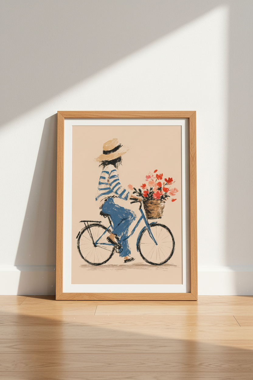 French Girl on Bicycle Wall Art Print | Parisian Style Floral Poster, Living Room Decor