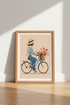 French Girl on Bicycle Wall Art Print | Parisian Style Floral Poster, Living Room Decor