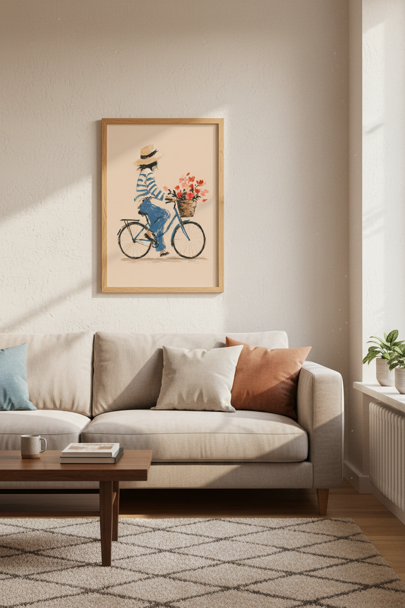 French Girl on Bicycle Wall Art Print | Parisian Style Floral Poster, Living Room Decor