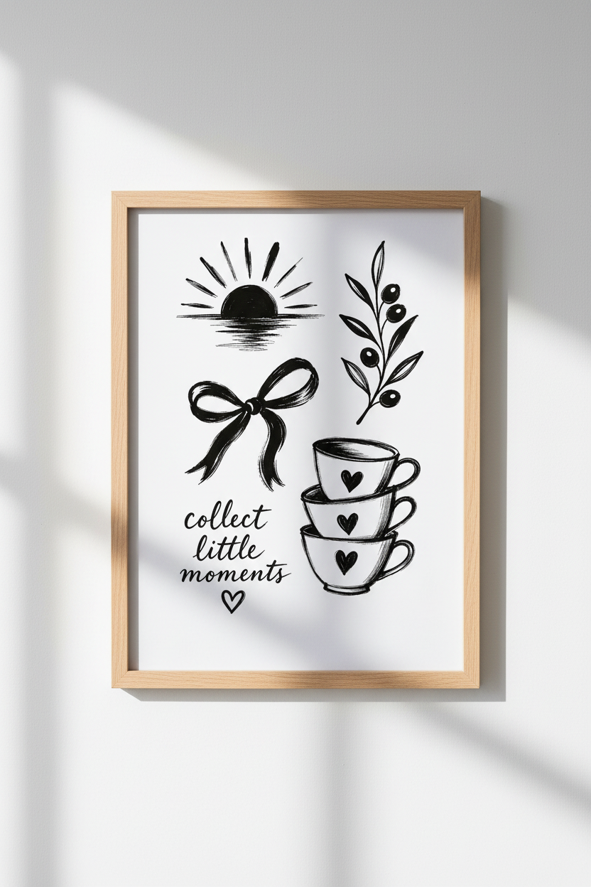 Coquette Sketch Wall Art | Dainty Bow &amp; Teacup Poster, Black and White Minimalist Print