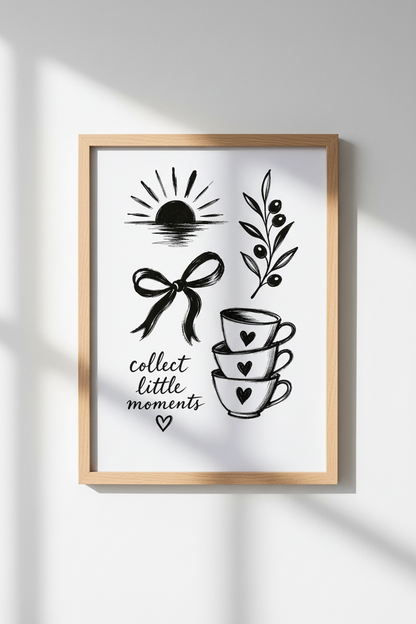 Coquette Sketch Wall Art | Dainty Bow &amp; Teacup Poster, Black and White Minimalist Print