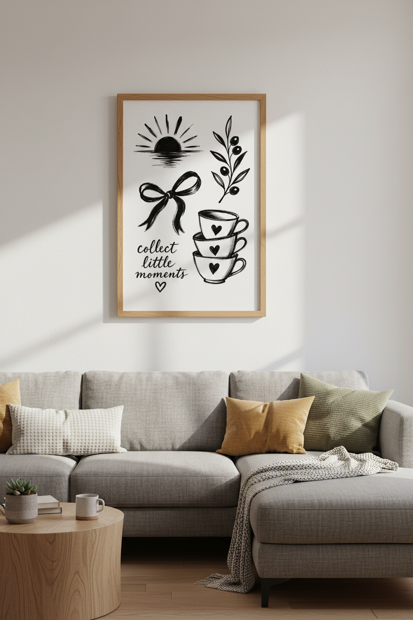 Coquette Sketch Wall Art | Dainty Bow &amp; Teacup Poster, Black and White Minimalist Print