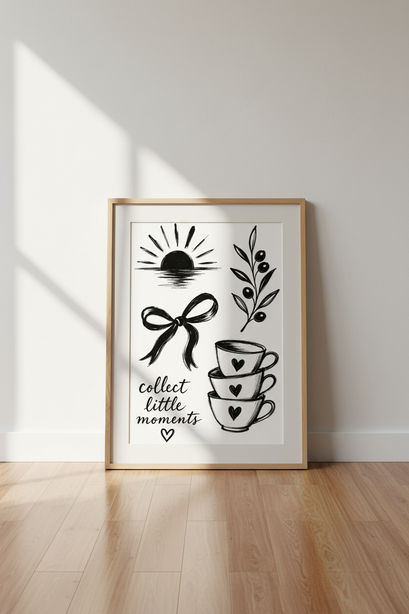 Coquette Sketch Wall Art | Dainty Bow &amp; Teacup Poster, Black and White Minimalist Print