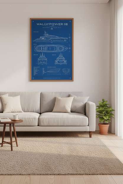 Wallypower 118 Yacht Blueprint Wall Art | Office Decor | Modern Nautical Poster