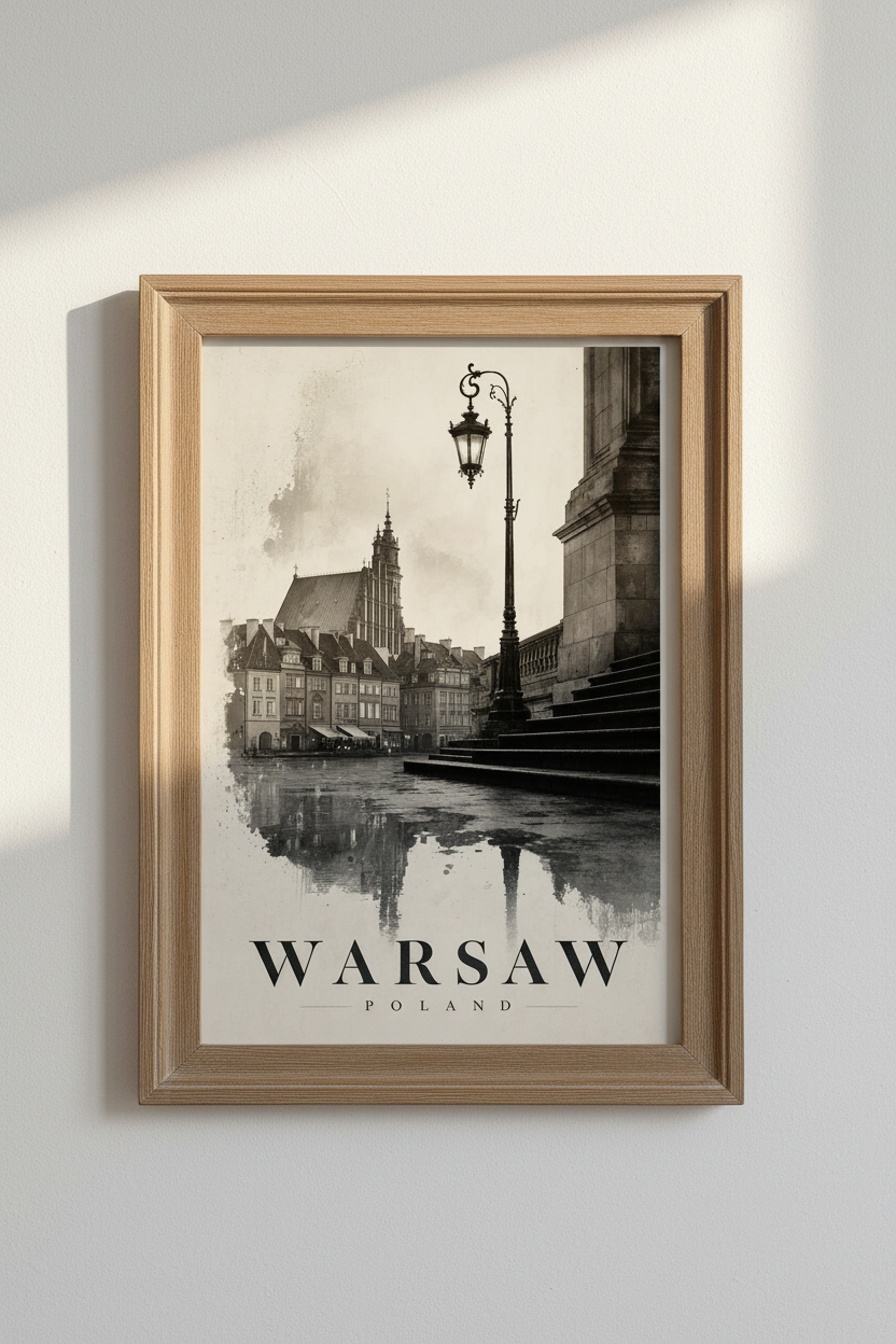 Warsaw Poland Vintage Travel Poster | Black and White Architecture, Office Wall Art