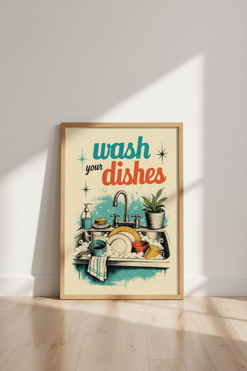 Wash Your Dishes Retro Kitchen Wall Art | Mid Century Modern Print | Vintage Poster