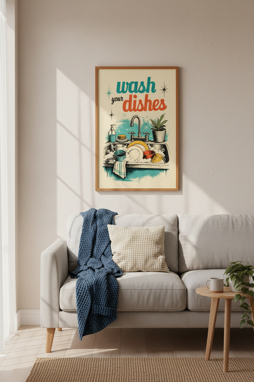Wash Your Dishes Retro Kitchen Wall Art | Mid Century Modern Print | Vintage Poster