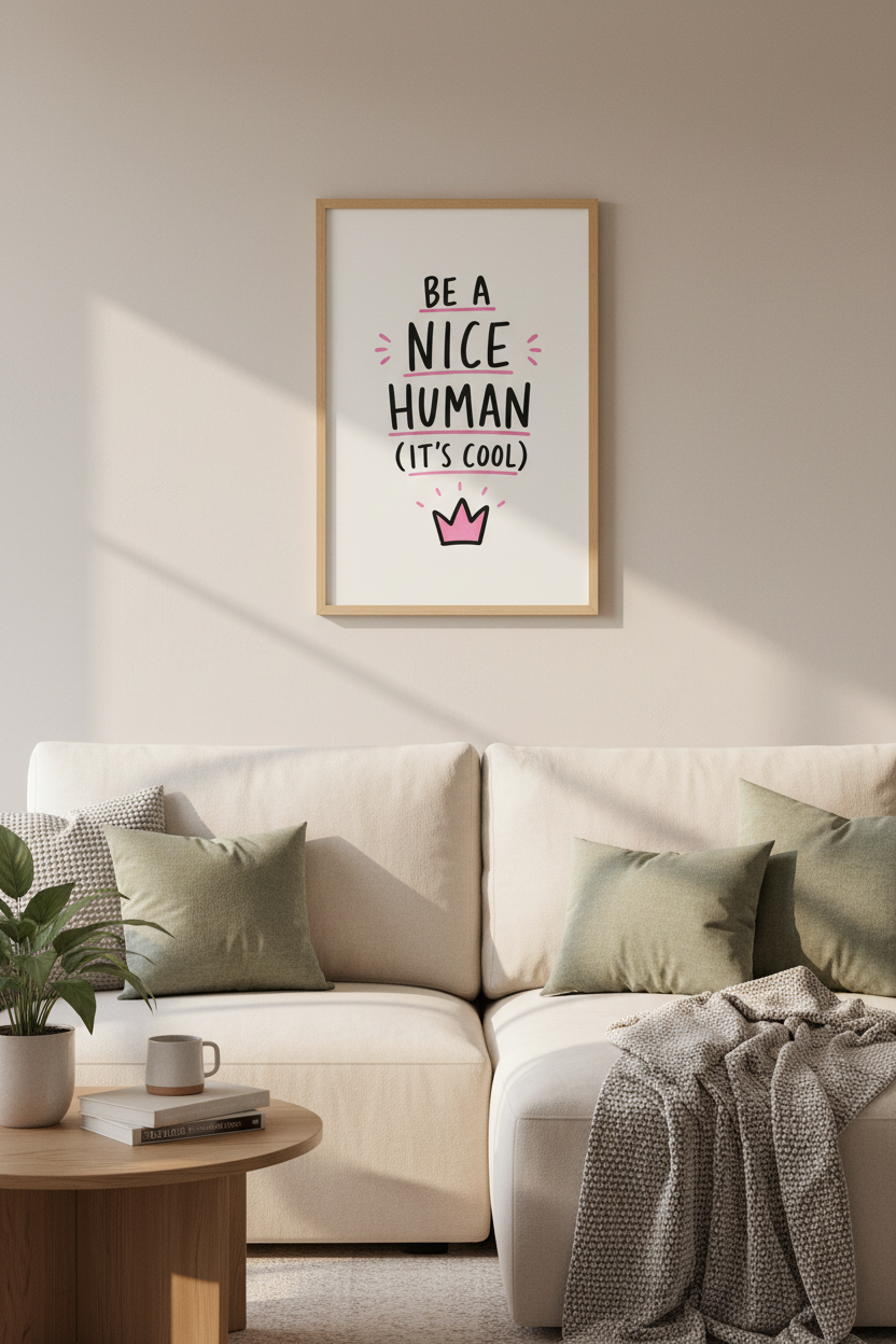 Be A Nice Human Quote Wall Art Print | Pink Bedroom Decor | Aesthetic Typography Poster