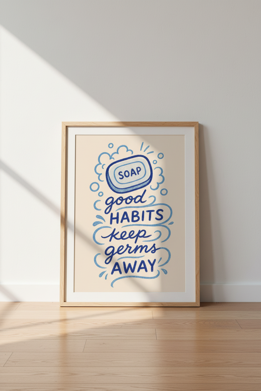 soap bar print | Playful Blue Tones, Hygienic Quote Decor | Living Room