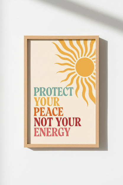 Protect Your Peace Sun Art | Retro Boho Quote Poster, Bedroom Decor