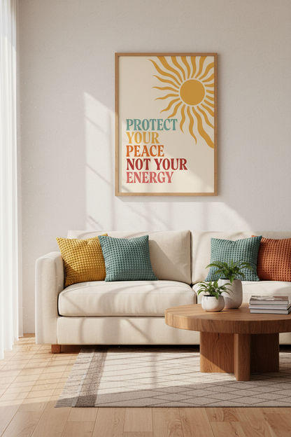 Protect Your Peace Sun Art | Retro Boho Quote Poster, Bedroom Decor