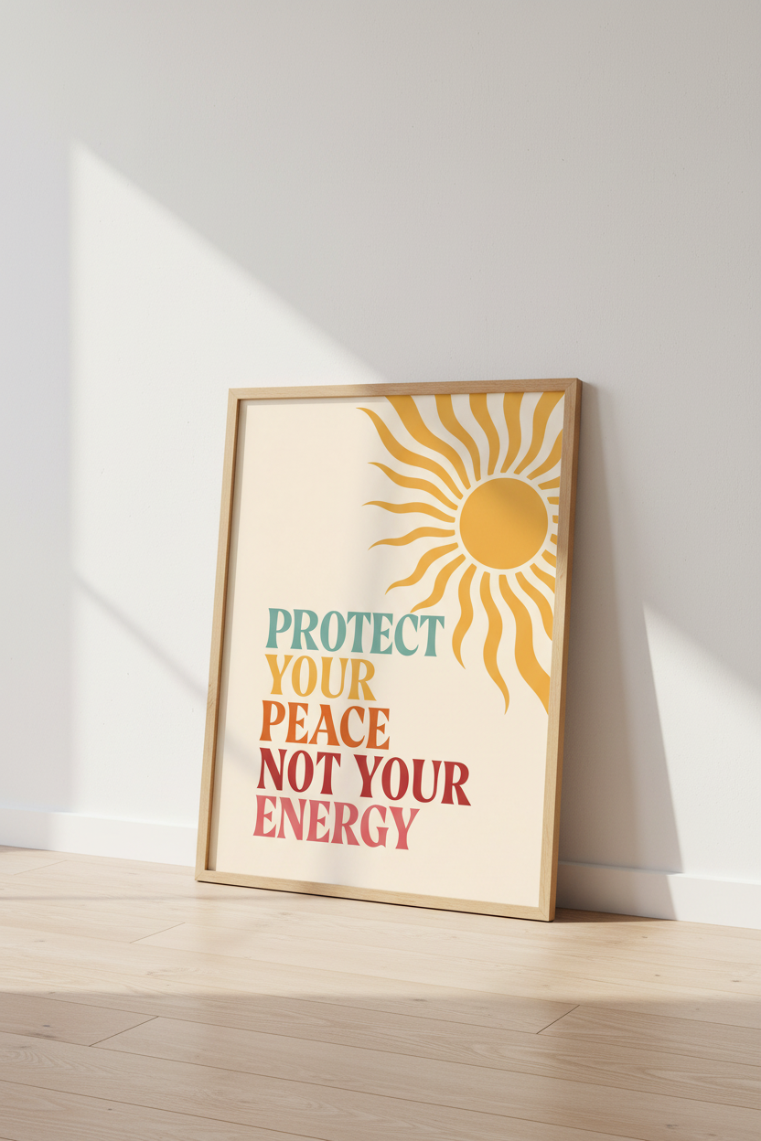 Protect Your Peace Sun Art | Retro Boho Quote Poster, Bedroom Decor