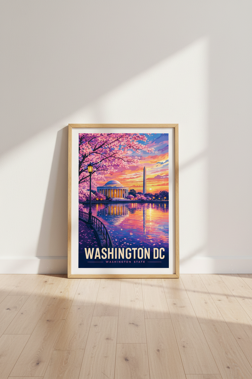 Washington DC Cherry Blossom Wall Art | Pink Sunset Print, Travel Decor Poster