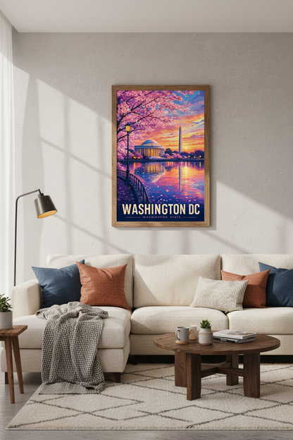 Washington DC Cherry Blossom Wall Art | Pink Sunset Print, Travel Decor Poster