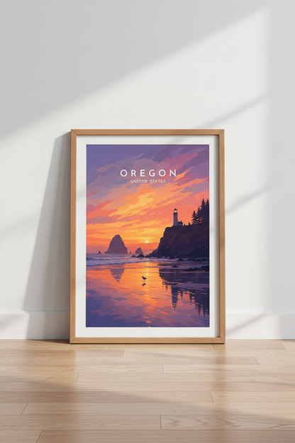 Oregon Coast Lighthouse Wall Art | Sunset Beach Print, Pacific Northwest Decor