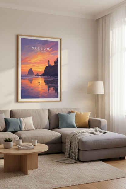Oregon Coast Lighthouse Wall Art | Sunset Beach Print, Pacific Northwest Decor