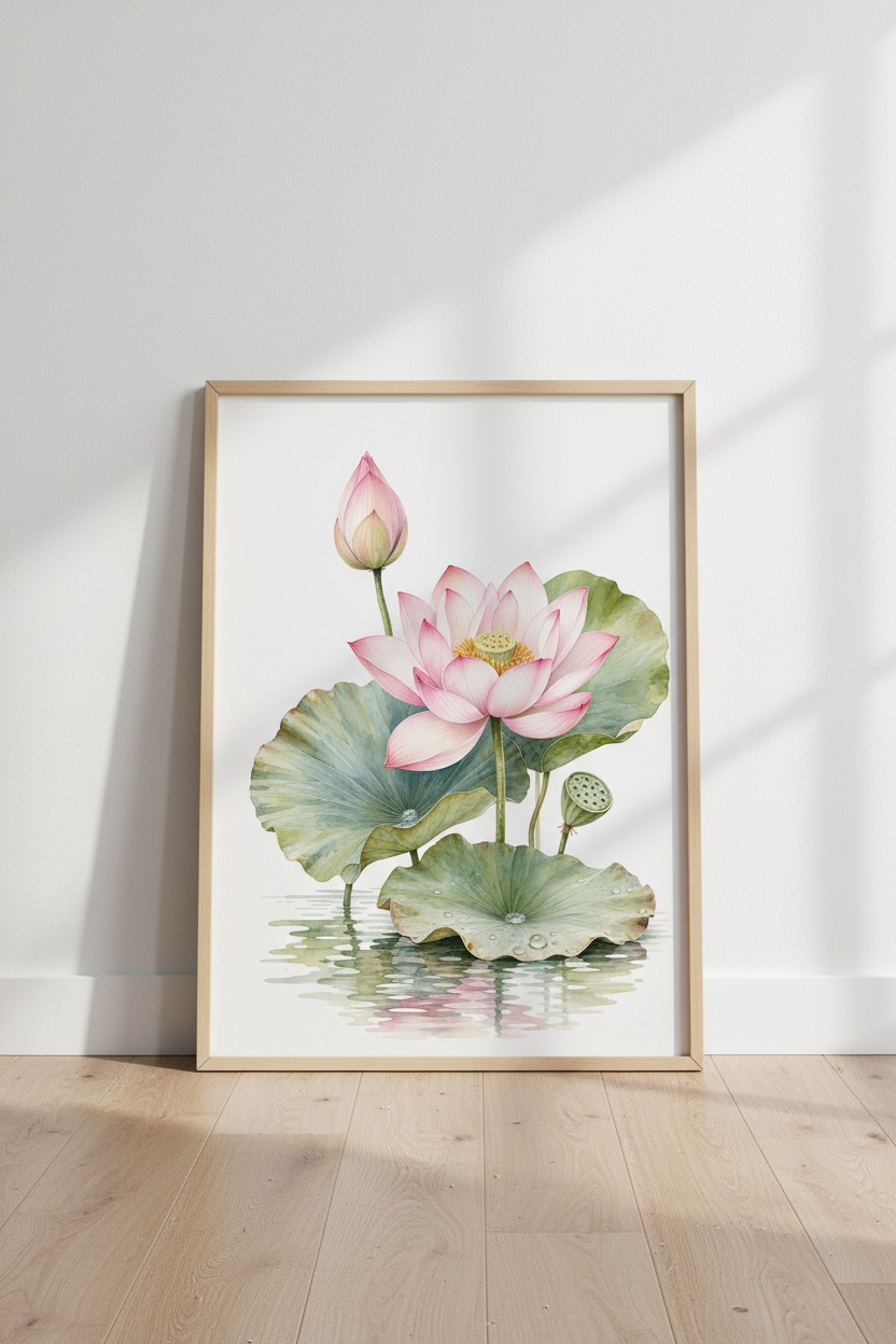 Pink Lotus Flower Watercolor Wall Art | Zen Bedroom Decor | Botanical Poster Print