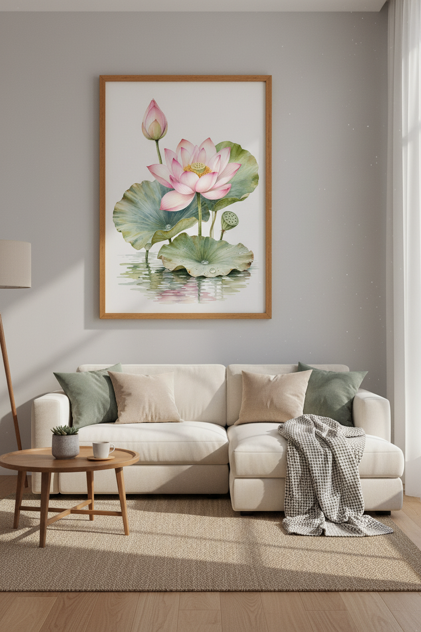 Pink Lotus Flower Watercolor Wall Art | Zen Bedroom Decor | Botanical Poster Print