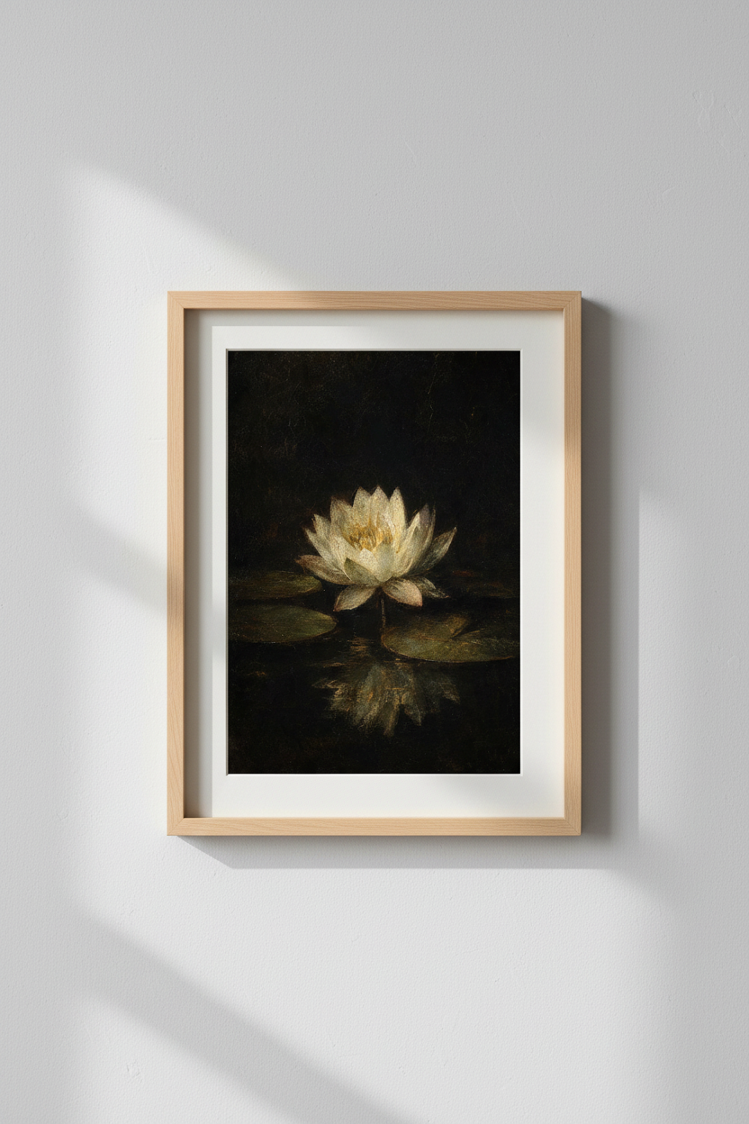 Oil Painting Lotus Wall Art Print | Living Room Decor | Moody Aesthetic Poster
