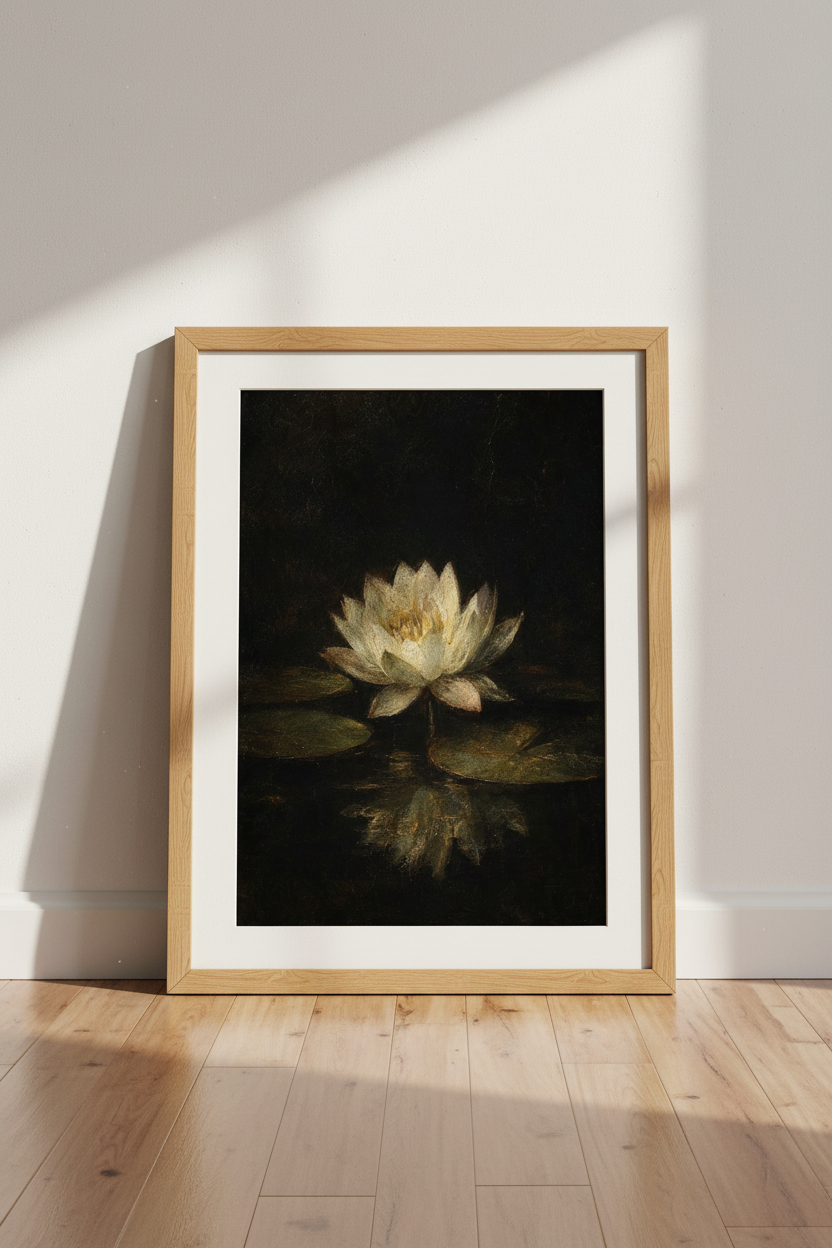 Oil Painting Lotus Wall Art Print | Living Room Decor | Moody Aesthetic Poster