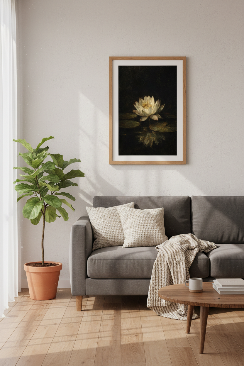 Oil Painting Lotus Wall Art Print | Living Room Decor | Moody Aesthetic Poster