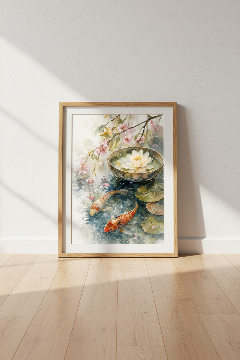 Koi Fish &amp; Lotus Watercolor Wall Art | Japanese Zen Decor | Cherry Blossom Poster