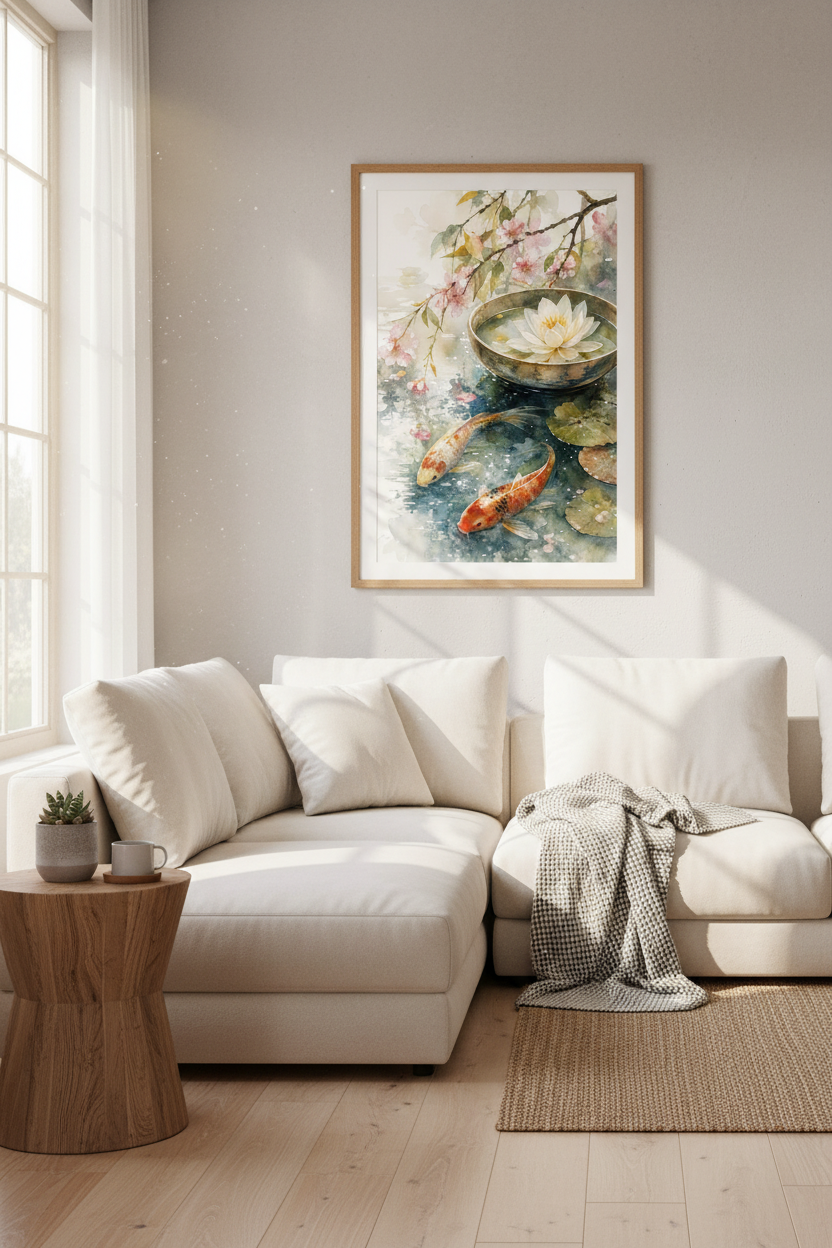 Koi Fish &amp; Lotus Watercolor Wall Art | Japanese Zen Decor | Cherry Blossom Poster