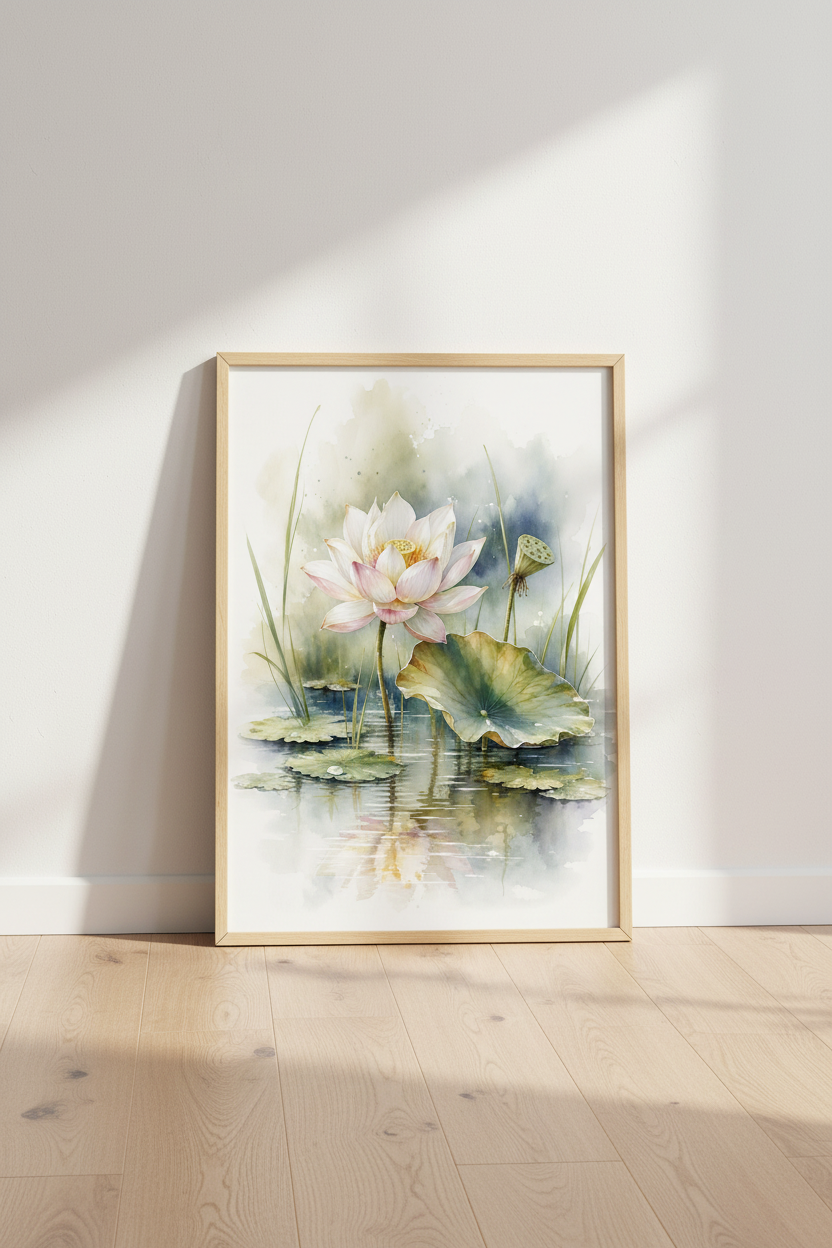 Lotus Flower Watercolor Wall Art | Serene Floral Pond Print, Zen Home Decor