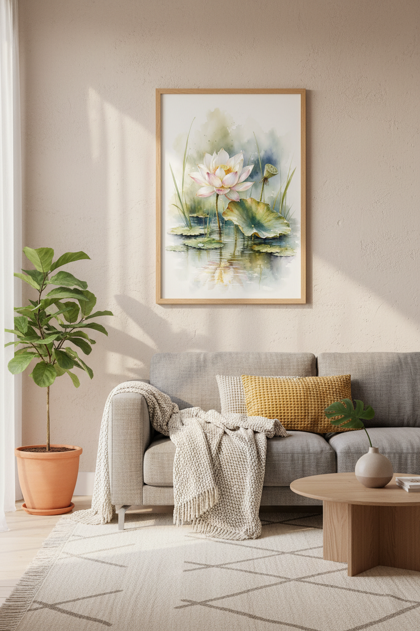 Lotus Flower Watercolor Wall Art | Serene Floral Pond Print, Zen Home Decor