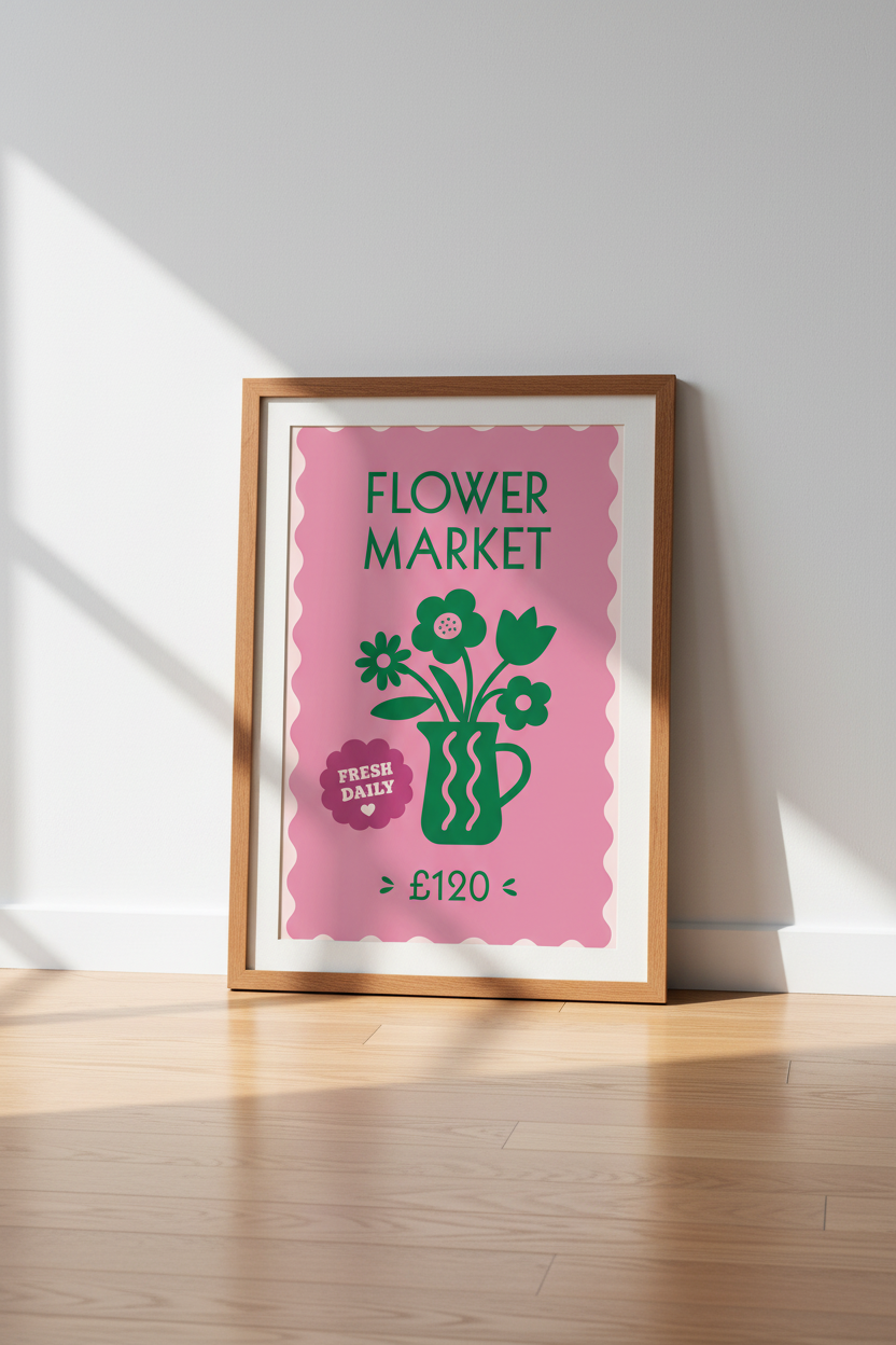 Flower Market Wall Art | Pink &amp; Green Modern Botanical, Home Kitchen Decor