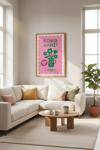 Flower Market Wall Art | Pink &amp; Green Modern Botanical, Home Kitchen Decor