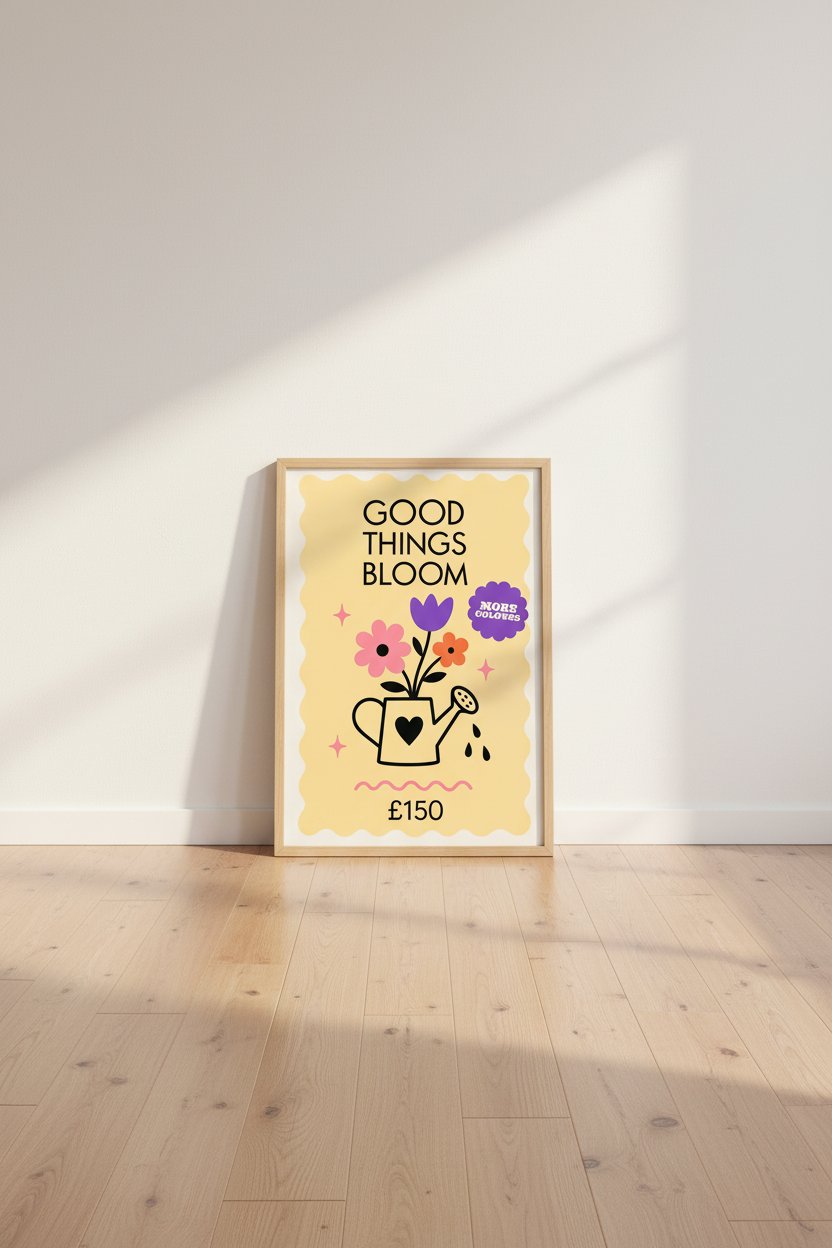 Good Things Bloom | Retro Floral Pastel Wall Art, Colorful Kitchen Office Decor