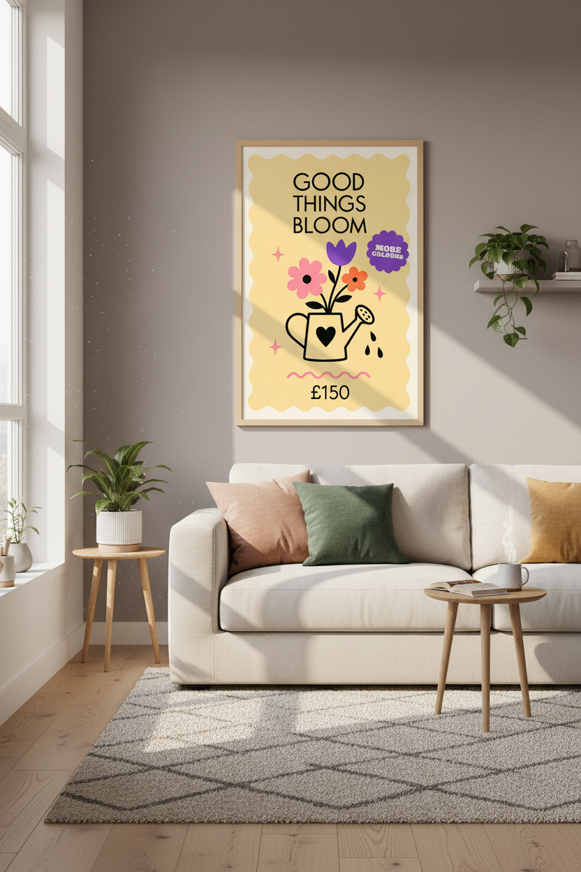 Good Things Bloom | Retro Floral Pastel Wall Art, Colorful Kitchen Office Decor