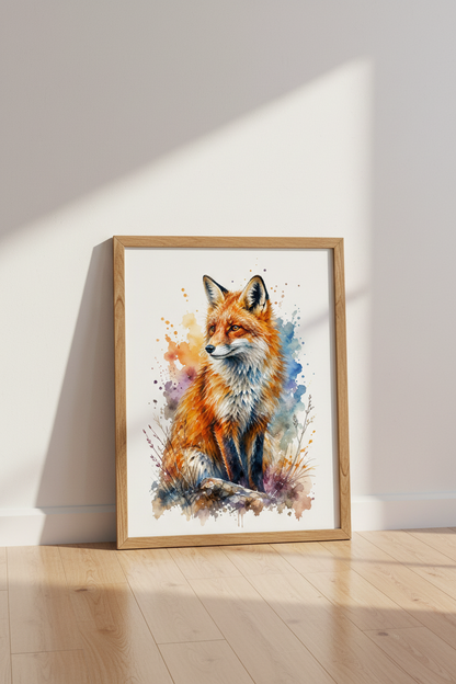 Watercolor Red Fox Wall Art | Vibrant Woodland Poster | Living Room Decor