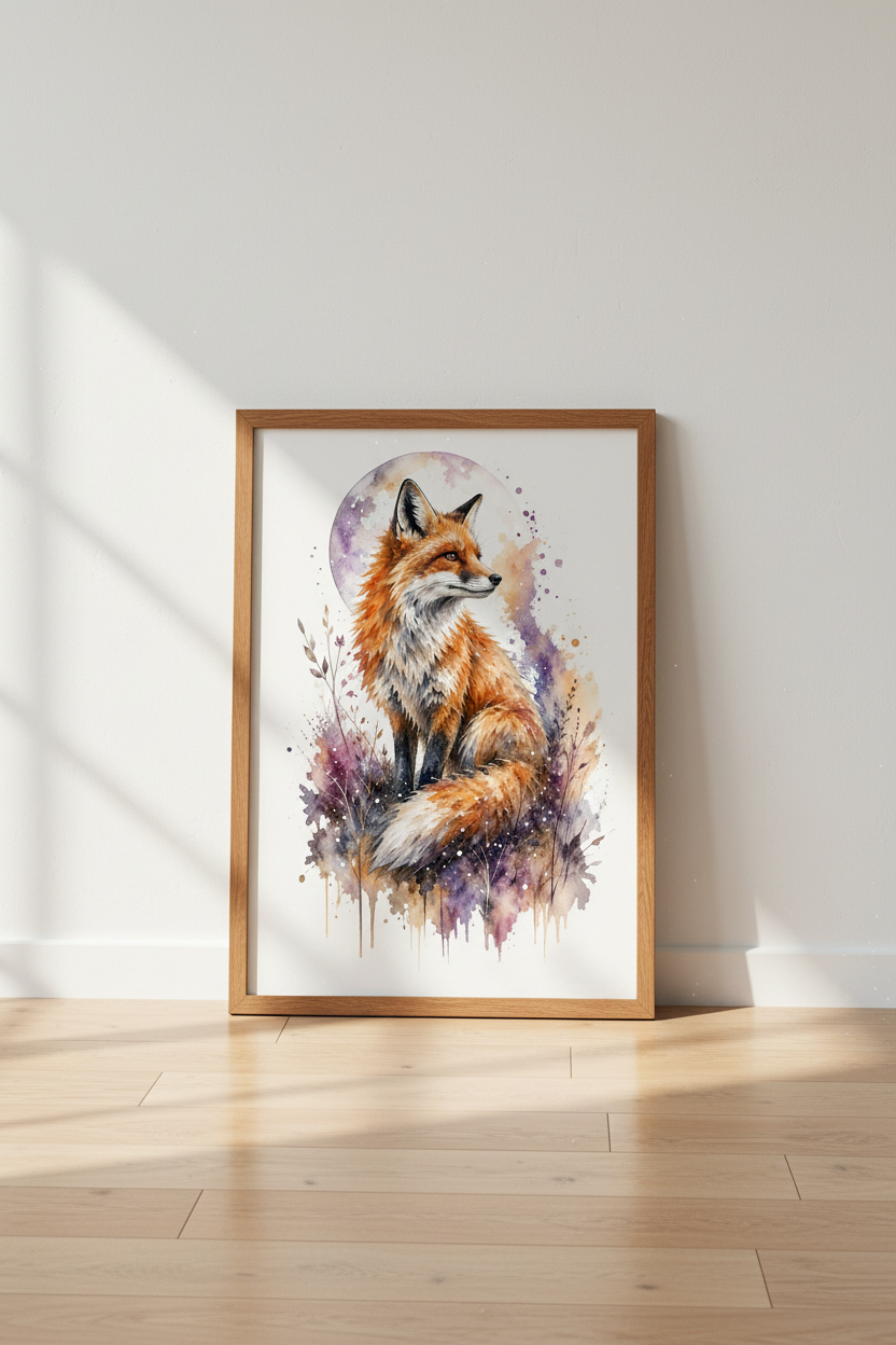 Watercolour Fox Wall Art | Purple Moon Woodland Decor | Whimsical Animal Poster