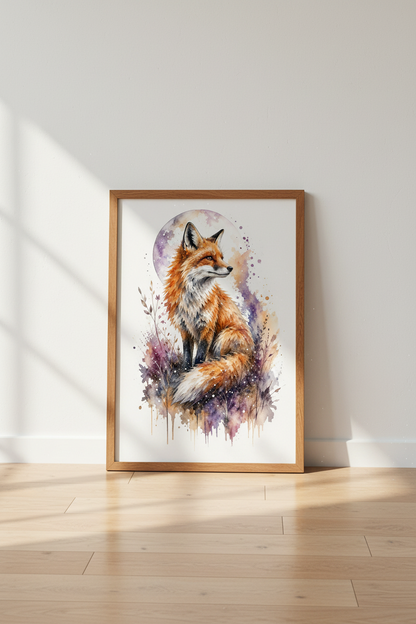 Watercolour Fox Wall Art | Purple Moon Woodland Decor | Whimsical Animal Poster