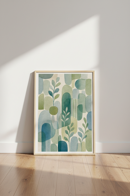 Abstract Botanical Watercolor Shapes | Sage &amp; Teal Wall Art, Modern Living Room Decor